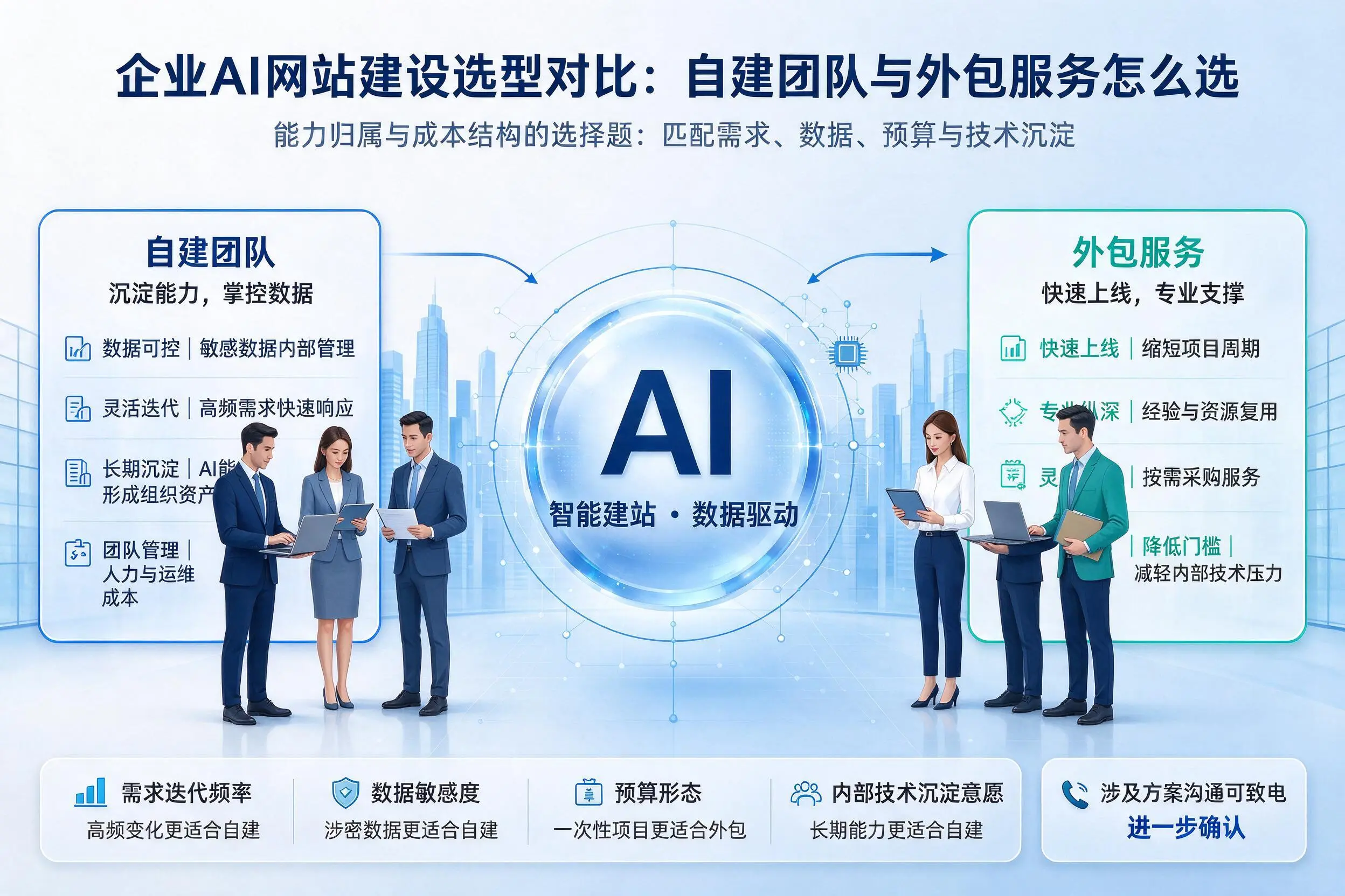 鄂尔多斯企业AI网站建设选型对比:自建团队与外包服务怎么选